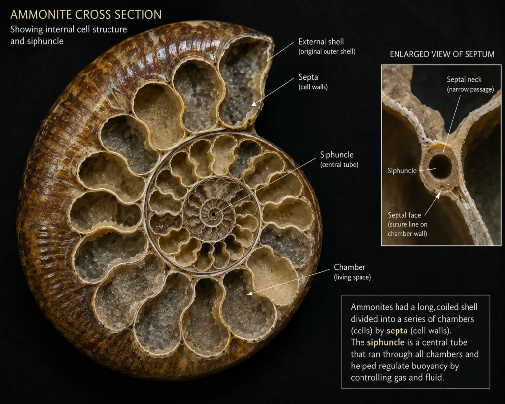 Ammonite growth sians emporium Ammonite cross section showing structure and sphincle