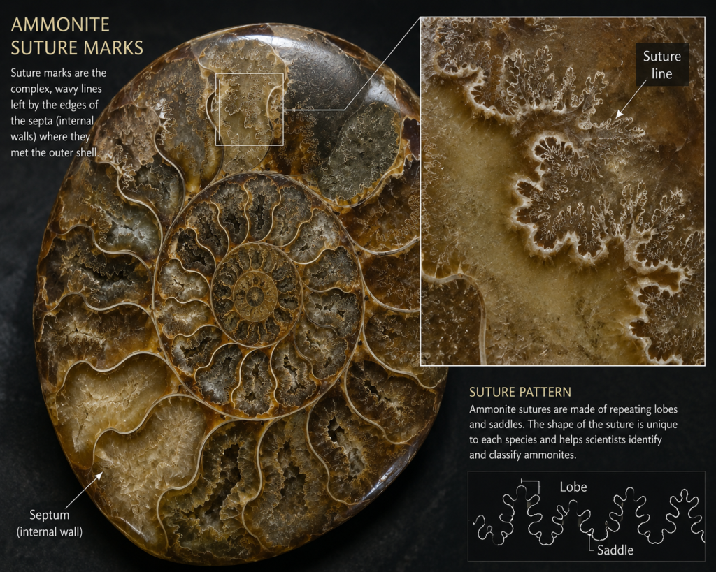 Ammonite suures sians emporium Crosssectional view of an ammonite fossil with intricate wavy suture lines and concentric chambers inset zoom highlights the suture pattern