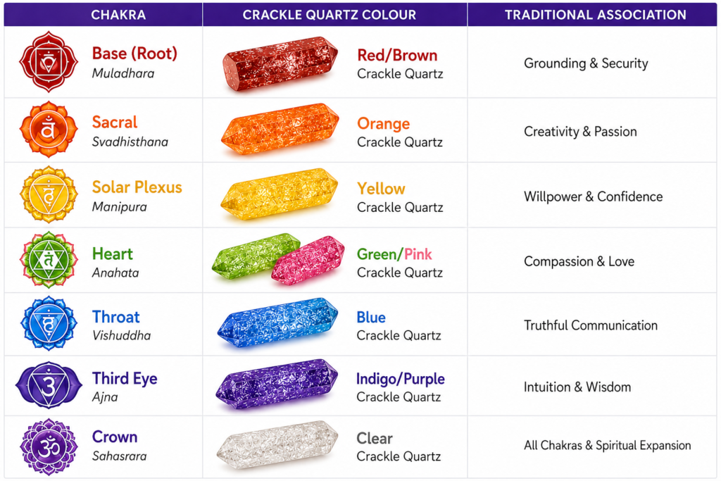 Crackle quartz and chalra sians emporium Table of seven chakras showing base color crackle quartz color and traditional association