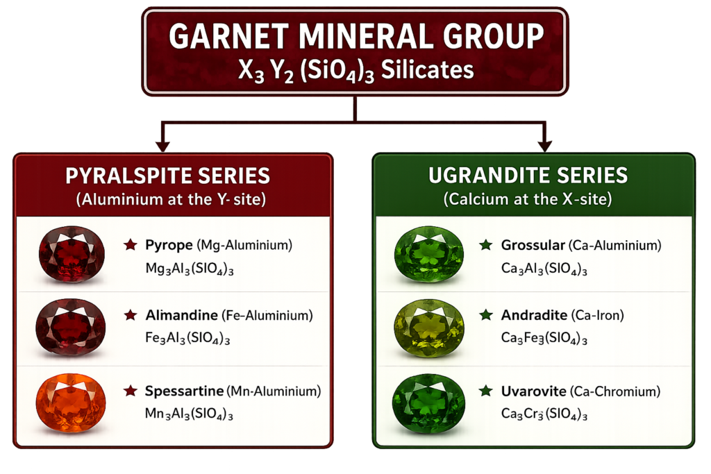 Garnet mineral group classification chart pyralspite and ugrandite series sians emporium Transparent infographic showing the garnet mineral group classification dividing garnets into the pyralspite and ugrandite series with pyrope almandine spessartine grossular andradite and uvarovite gemstones