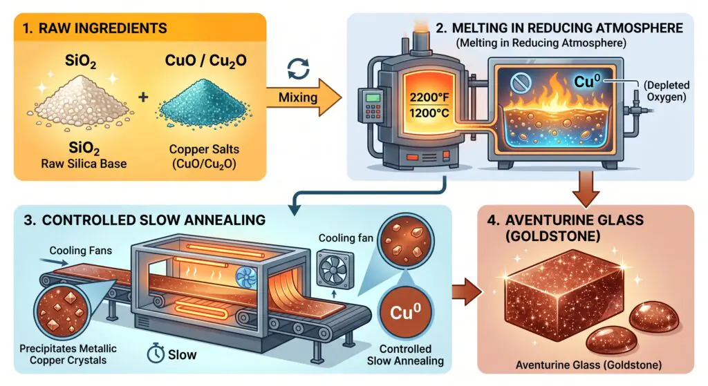 How goldstone is made the science of aventurine glass production sians emporium Four step scientific infographic illustrating the manufacturing process of goldstone aventurine glass from mixing raw silica base with copper salts to furnace melting slow annealing and the final polished sparkling stone