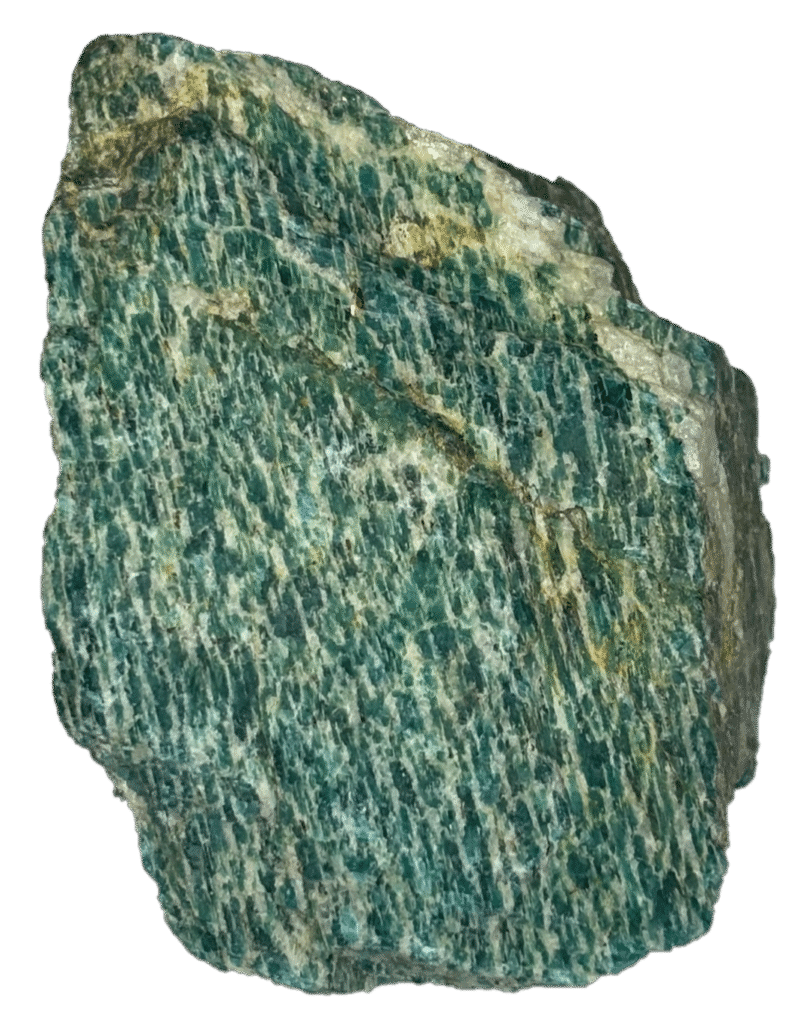 Rough unpolished raw chunk of pale green amazonite crystal stone showcasing natural mineral textures
