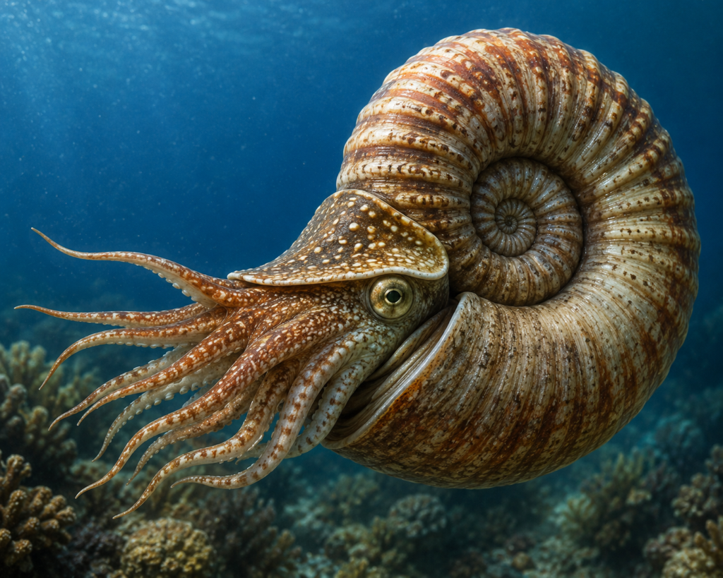Representation of living ammonite sians emporium Close up of a striped nautilus with many curled tentacles swimming above a coral reef in clear blue water