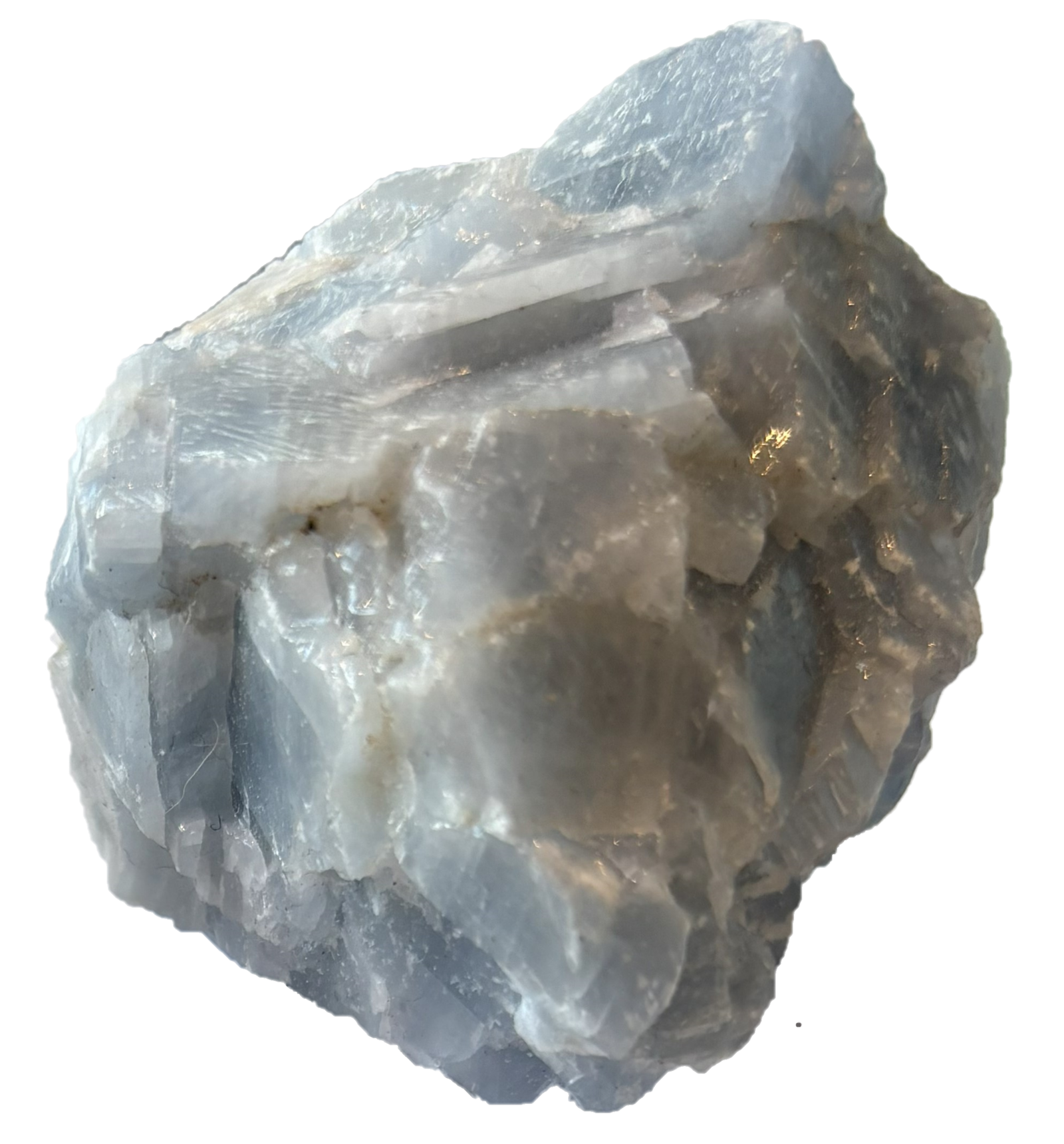 Blue calcite chunk 1 sians emporium Rough natural blue calcite crystal specimen showing soft sky blue colouration and raw crystalline texture