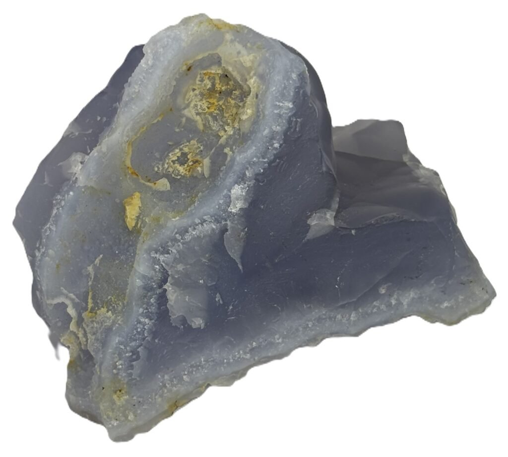 Rough natural blue lace agate freeform specimen featuring soft blue banding and an exposed sparkling druzy quartz crystal cavity in matrix rock