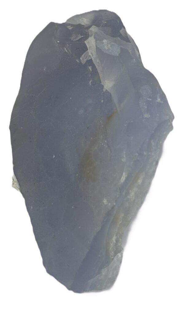 A raw and polished display piece of natural blue lace agate showing delicate periwinkle and white chalcedony bands surrounding an interior druzy quartz vug set against its natural host matrix sians emporium Rough natural blue lace agate freeform specimen featuring soft blue banding and an exposed sparkling druzy quartz crystal in matrix rock