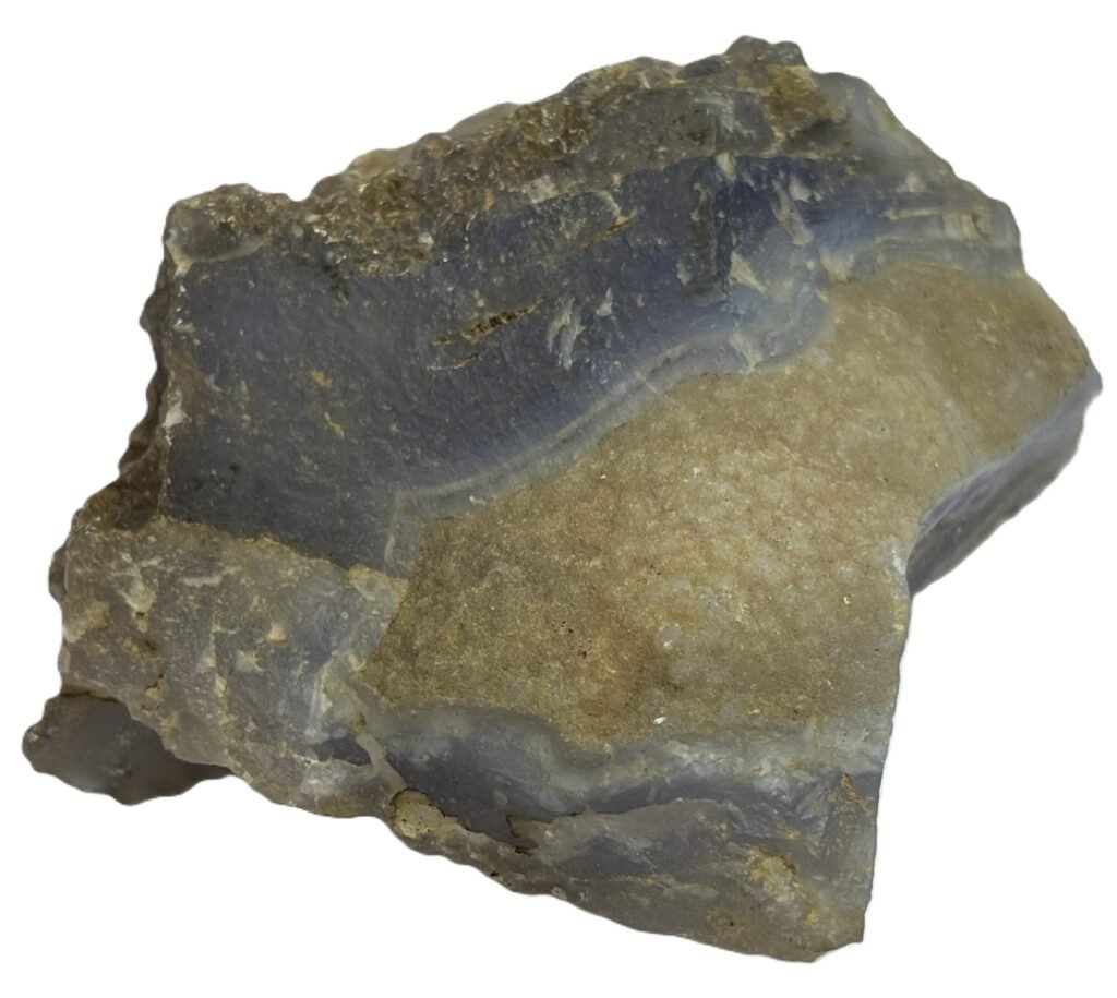 Rough natural blue lace agate freeform specimen featuring soft blue banding and an exposed sparkling druzy quartz crystal in matrix rock