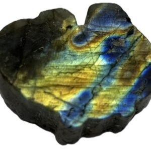 Polished natural labradorite freeform slab with blue and golden schiller sians emporium Natural polished labradorite stone slice showing golden bronze and cobalt blue schiller with dark rough natural edges against a white background