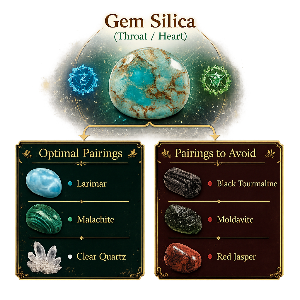 Gem silica crystal pairings best crystals and pairings to avoid sians emporium Gem silica crystal pairing chart showing larimar malachite and clear quartz as optimal pairings with black tourmaline moldavite and red jasper listed as pairings to avoid
