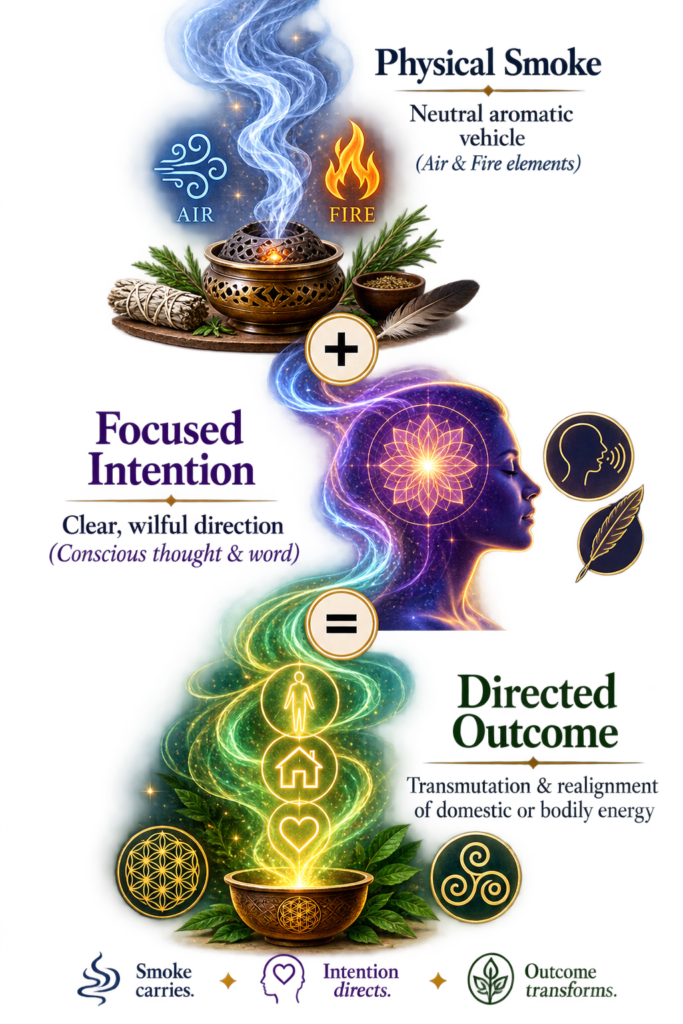 Physical smoke focused intention energy transformation sians emporium Vertical infographic showing how physical smoke combined with focused intention creates a directed outcome through energy transmutation and realignment