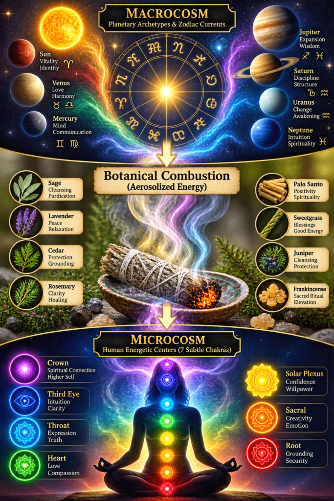 Smokecleansingzodiacplanetssevenchakras sians emporium Mystical infographic showing planetary and zodiac energies flowing through botanical smoke cleansing into the seven human chakras