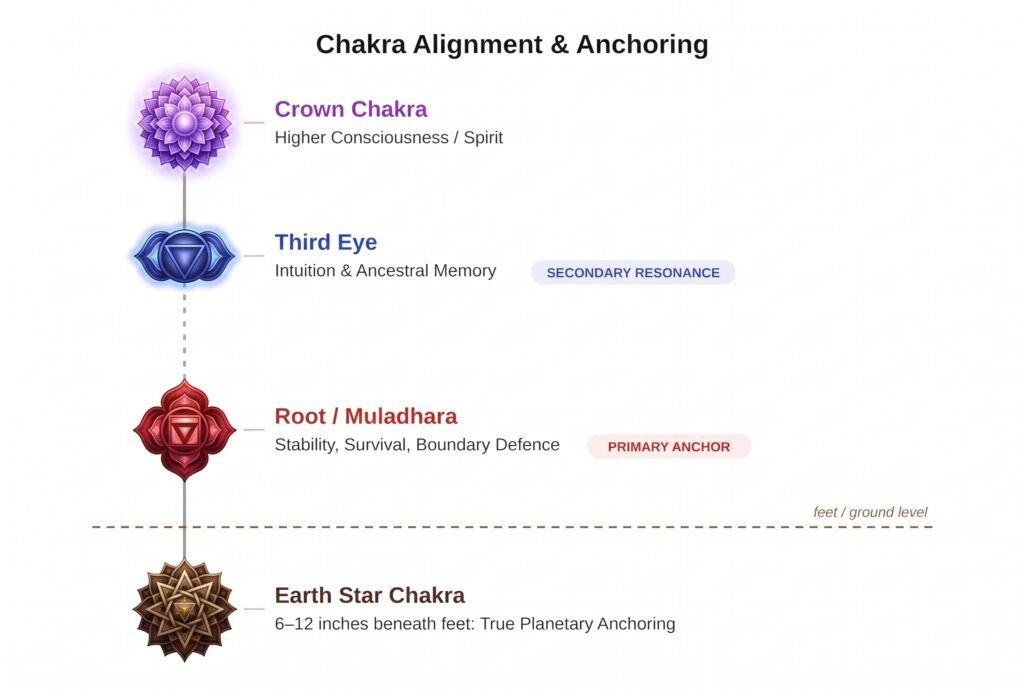 Chakraalignmentanchoringdiagram sians emporium A vertical chakra alignment chart showing the crown chakra violet lotus third eye root chakra red and earth star chakra with ground level and anchoring descriptions