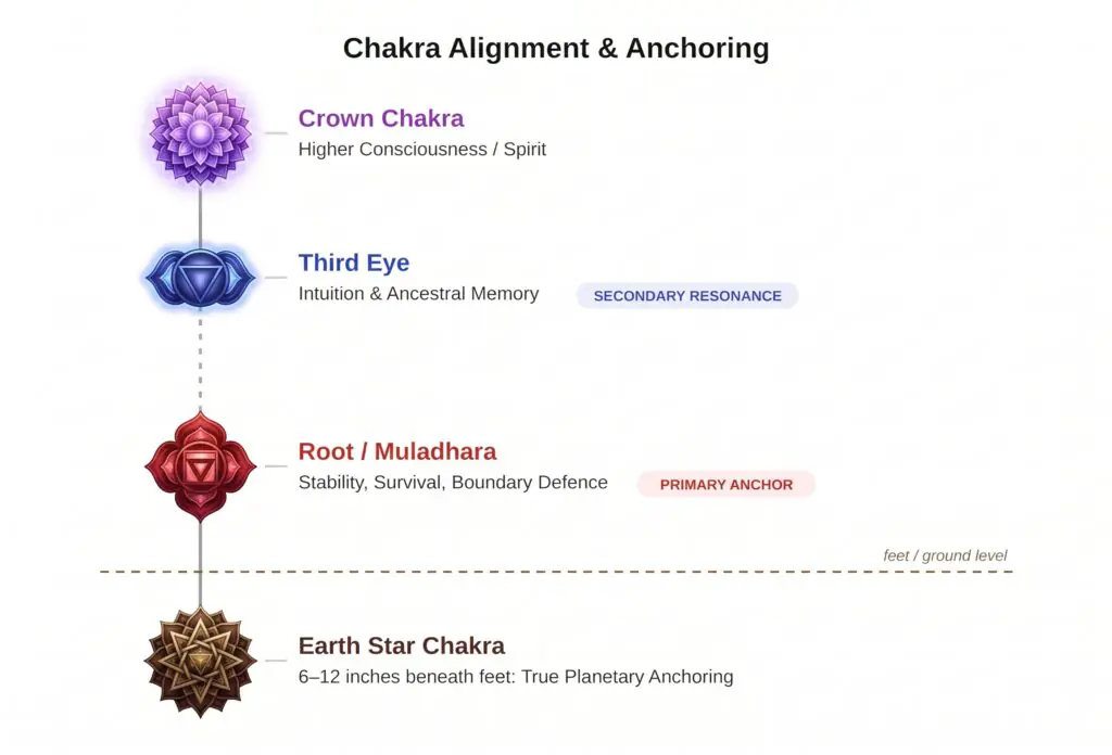 Chakraalignmentanchoringdiagram sians emporium A vertical chakra alignment chart showing the crown chakra violet lotus third eye root chakra red and earth star chakra with ground level and anchoring descriptions