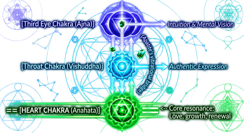 Chakra diagram heart throat and third eye with apatites vibrational bridge sians emporium A complex esoteric diagram against a background of sacred geometry metatrons cube and green and blue lines The diagram centers on the alignment of the heart throat and third eye chakras Green apatite crystals are suspended between the centers The heart chakra anahata at the bottom glows green with the function < core resonance love growth renewal the throat chakra vishuddha in the center glows blue green with authentic expression the third eye chakra ajna at the top glows indigo with intuition mental vision connecting lines indicate energy flow with the segment between throat and third eye labeled apatites vibrational bridge