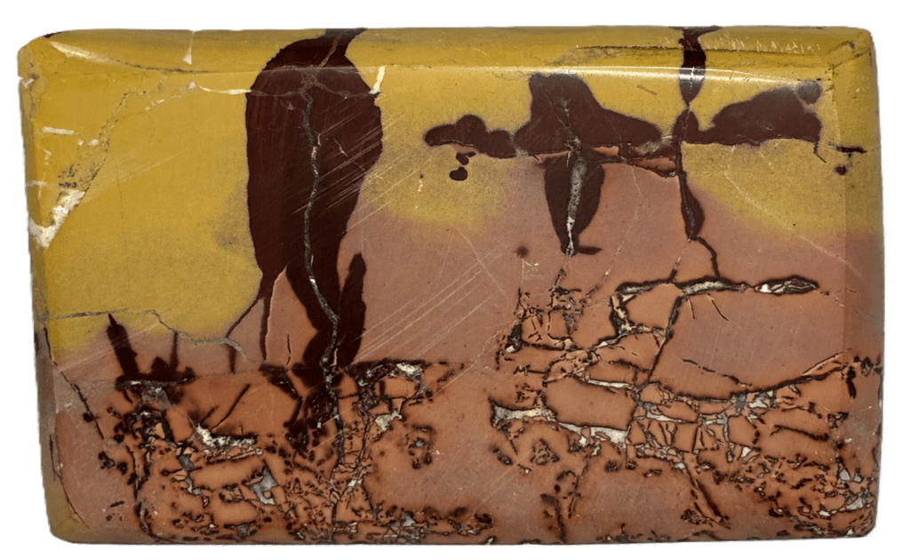 Polished rectangular noreena jasper specimen with ochre burgundy and earthy pink natural patterns