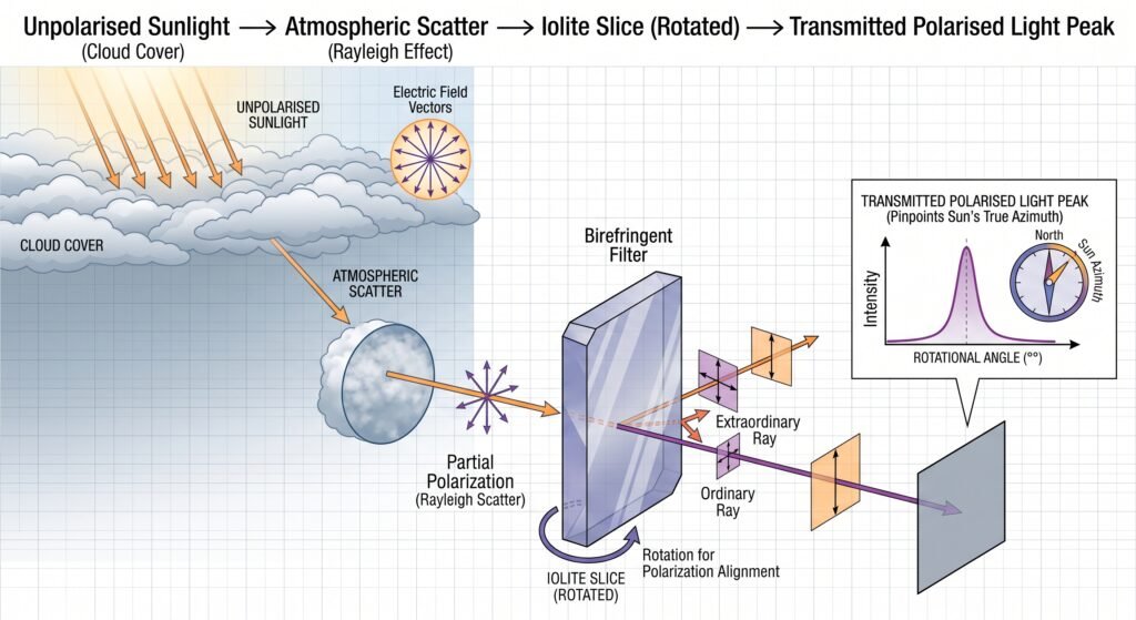 Iolite viking sunstone polarisation navigation diagram sians emporium Scientific diagram illustrating how a rotated iolite crystal filters rayleigh scattered sunlight through clouds to locate the sun's azimuth.