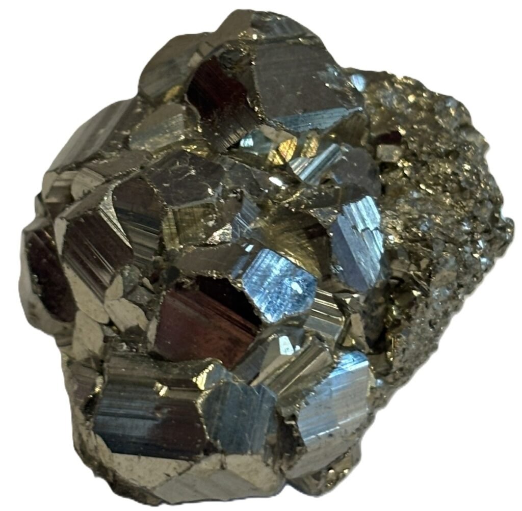 Natural brassy iron pyrite mineral cluster featuring intergrown striated pyritohedral crystals and microcrystalline druzy matrix