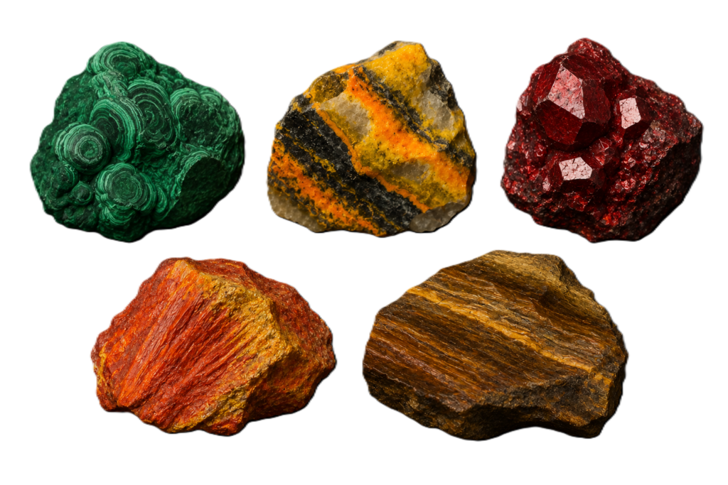 Toxic crystals Malachite, Bumblebee jasper, cinnabar. Realgar, Tigers eye (unpolished)