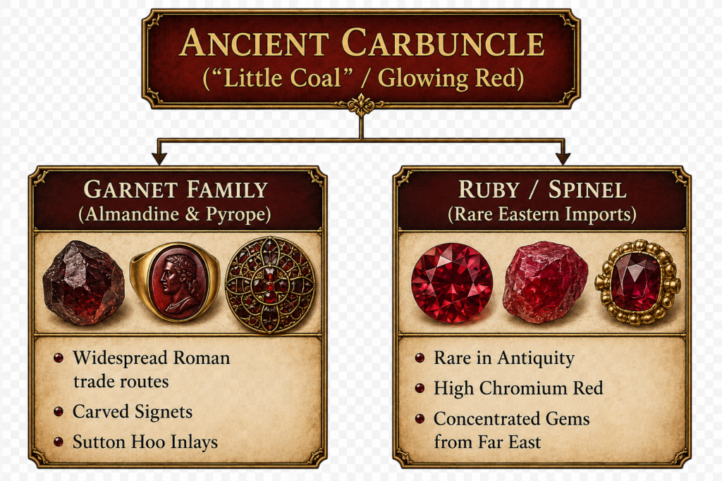 Infographic comparing the ancient term carbuncle with garnets rubies and spinels used in roman and medieval jewellery