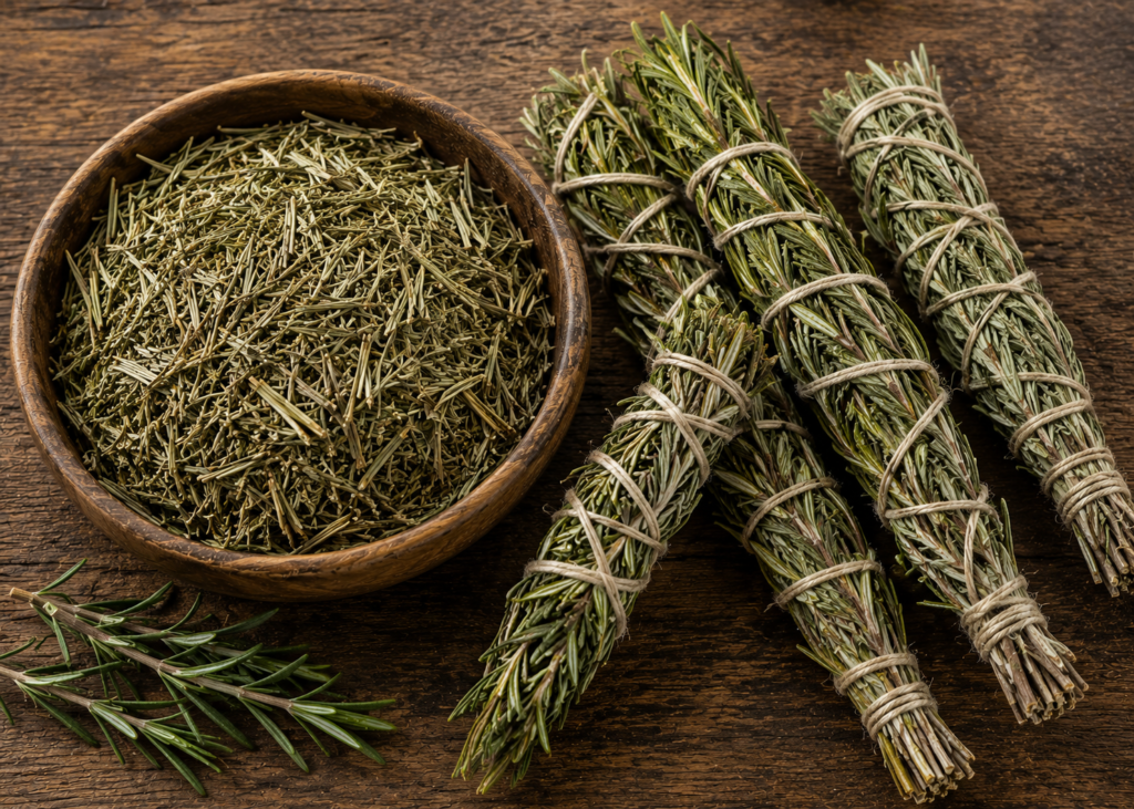 Bowl of plucked rosemary and sticks