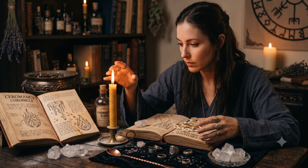 A detailed scene of a modern practitioner studying ceromancy the ancient art of divination by interpreting melting wax patterns and fire sians emporium Woman in a dark robe studies an open spellbook by candlelight surrounded by bottles crystals and occult tools at a wooden table