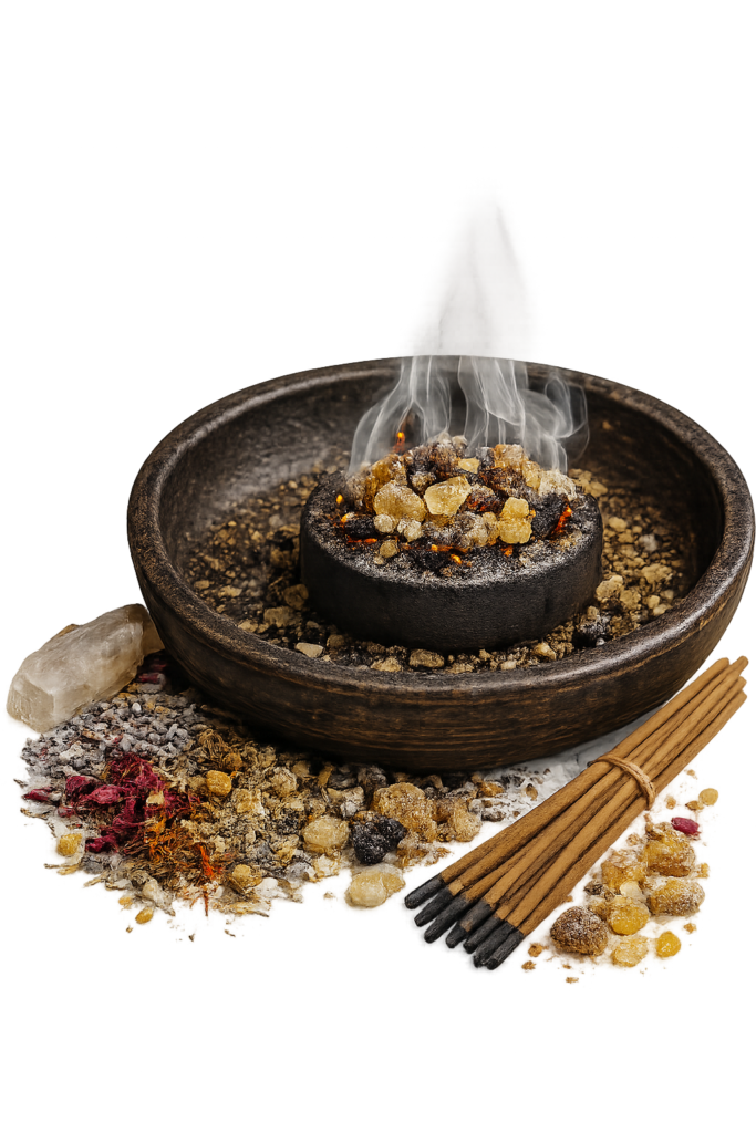Chatgpt image aug 2 2026 044935 pm sians emporium Lit black candle sits in a rustic bowl surrounded by salt crystals amber stones dried botanicals and cinnamon sticks with rising smoke downstage
