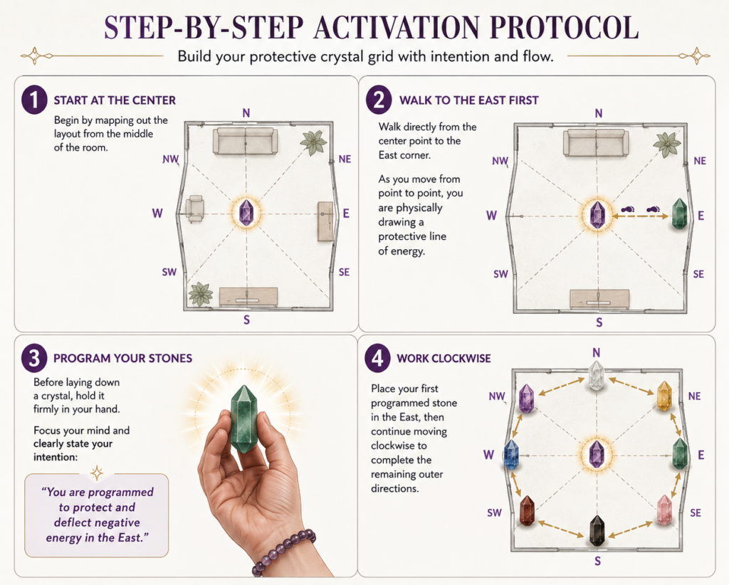 Stepbystep activation protocol infographic showing a crystalgrid layout with compass directions and numbered steps 14 sians emporium Step by step activation protocol infographic showing a crystal grid layout with compass directions and numbered steps 14