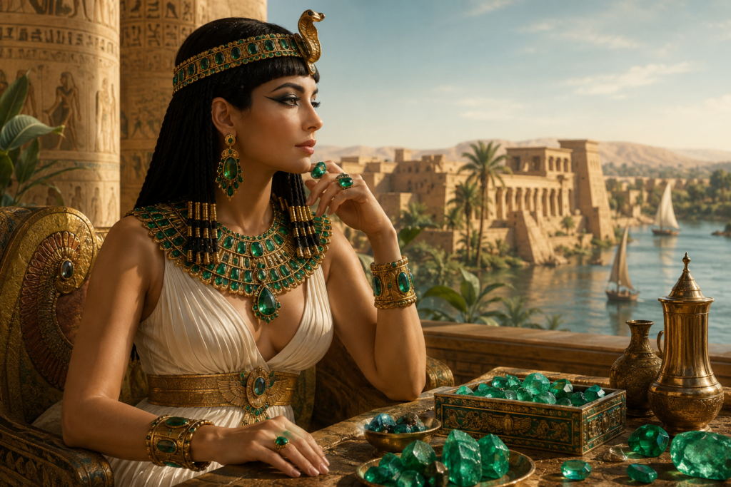 Cleopatra queen by the nile river with her emeralds sians emporium Cleopatra queen by the nile river with her favourites stones sourced from cleopatra's Emerald Mines