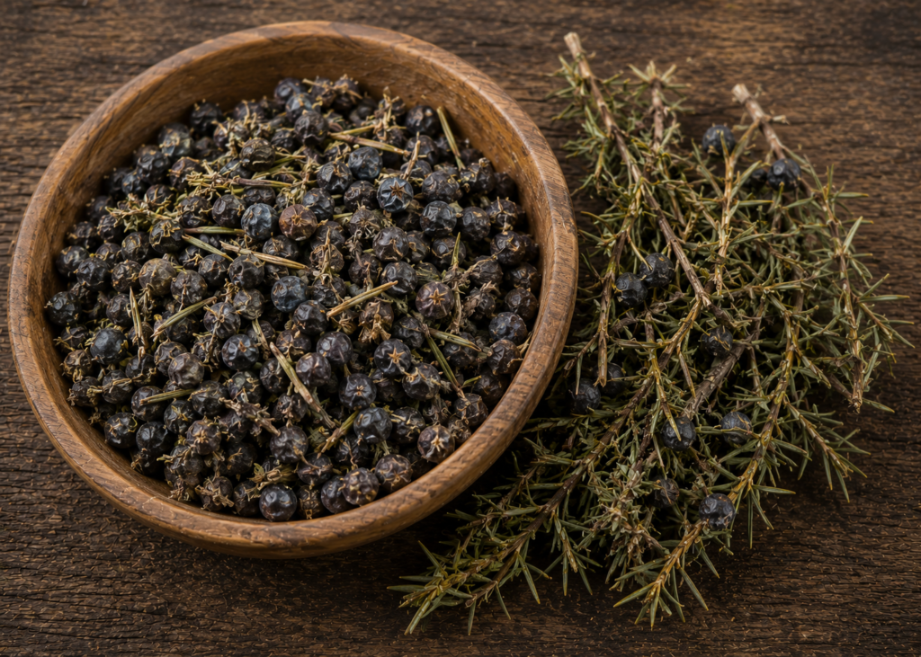 Dried juniper in a bowl with juniper sprigs