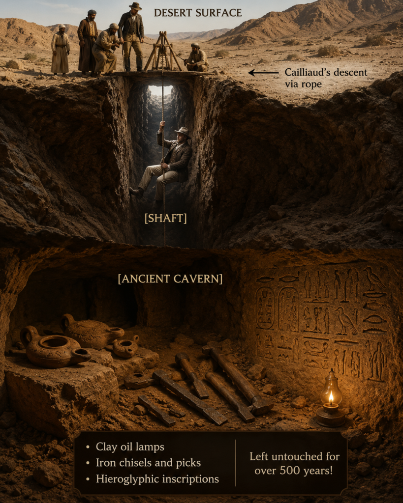 Exploring ancient desert caverns sians emporium Desert excavation workers lower a rope into a deep shaft while observers stand on the surface above a cavern entrance