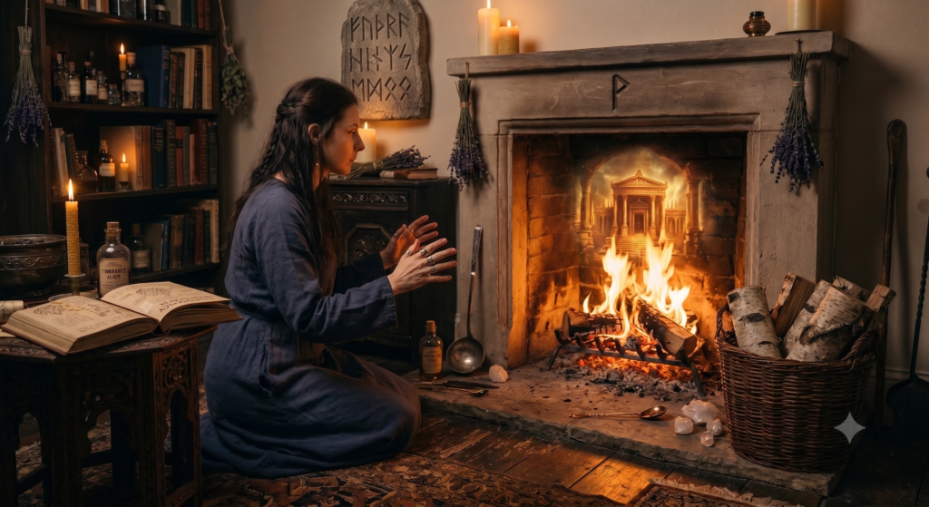 Ritual with fire visions sians emporium A detailed atmospheric photograph captures a female practitioner in a grey robe and silver rings gazing into a contained fire within an ornate metal brazier that manifests a vision of a fortified castle at sunset She is seated at a candlelit wooden table in a dimly lit esoteric study flanked by an open book titled'PYROMANCY CHRONICLE,' a bottle of 'PYROMANTIC ELIXIR,' dried lavender bundles, and raw quartz crystals. The background shows bookshelves and a runic wall tapestry.