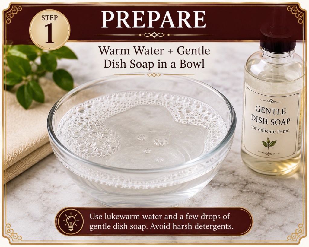 Garnet cleaning step 1 sians emporium Step 1 infographic showing a bowl of warm water mixed with gentle dish soap for safely cleaning garnet jewellery