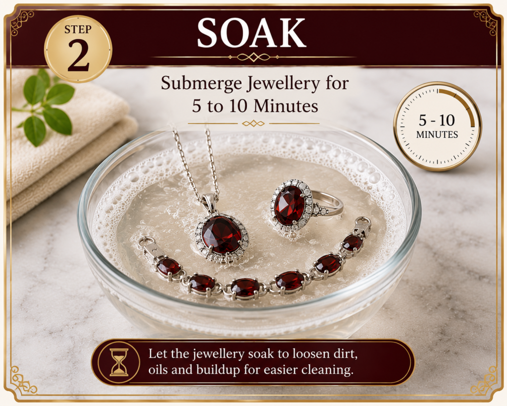 Garnet cleaning step 2 sians emporium Step 2 infographic showing garnet jewellery soaking in warm soapy water for 5 to 10 minutes before gentle cleaning