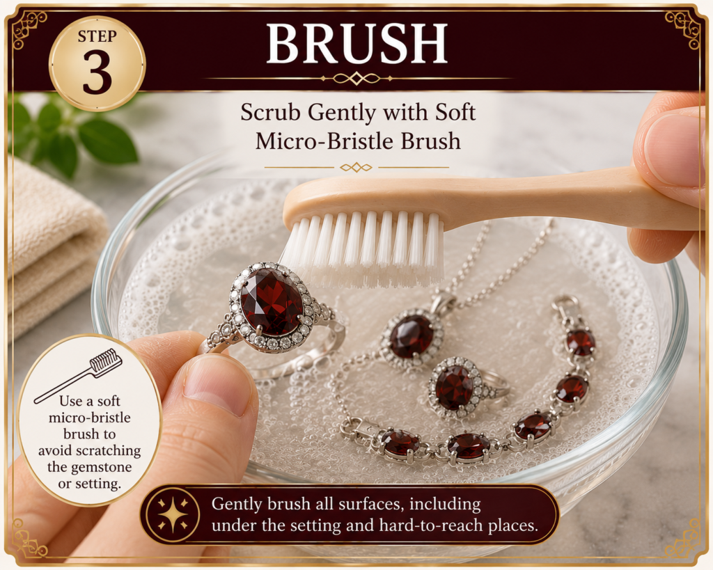 Garnet cleaning step 3 sians emporium Step 3 infographic showing a soft micro bristle brush gently cleaning a garnet ring after soaking in warm soapy water