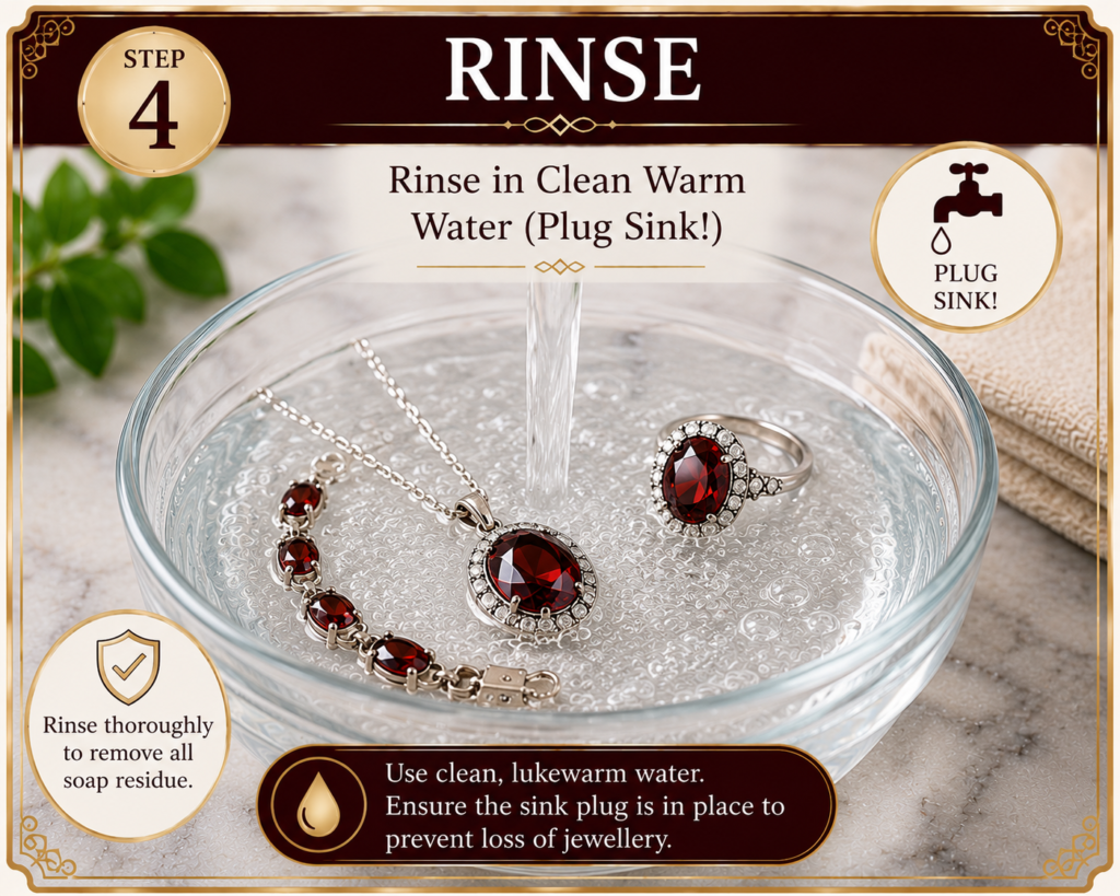 Garnet cleaning step 4 sians emporium Step 4 rinse jewelry in clean warm water as water runs into a glass bowl containing red gemstone necklace and ring