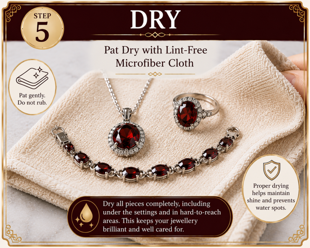 Garnet cleaning step 5 sians emporium Tep 5 infographic showing garnet jewellery being gently dried with a lint free microfibre cloth after cleaning