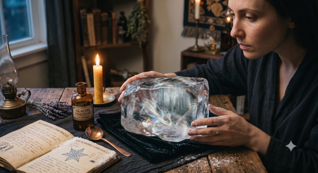 Ice scrying cryomancy ritual mystical seer divination sians emporium A woman performing ice scrying cryomancy over a large translucent block of ice with mystical visions frozen inside set in a cosy candlelit study