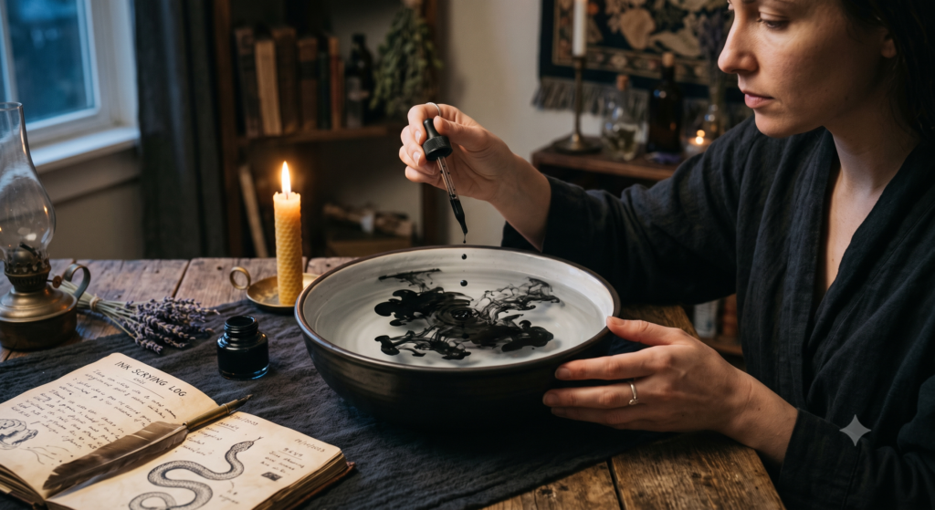 Ink scrying divination ritual sians emporium A close up photograph of a female seer with dark hair performing an ink scrying ritual in a candlelit book filled study She holds a small spoon and looks down into a dark ceramic bowl where a detailed vision of a swirling landscape and a castle is appearing in the ink infused water