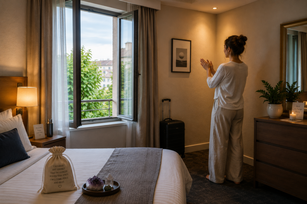 Lady clapping in cordern of room sians emporium Woman stands in a cozy hotel room facing a framed wall art while clapping near a suitcase by the wall window