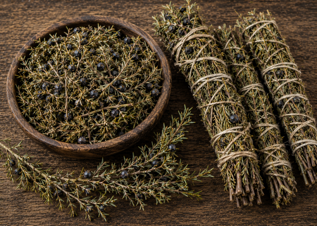 Dried cedar in a bowl and cedar smudge sticks