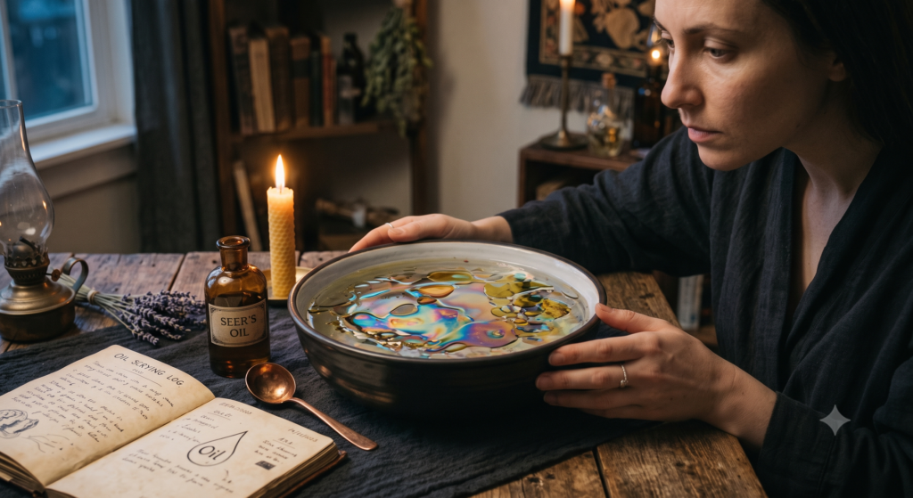 Gazing into swirling ink patterns for divination sians emporium A practitioner dropping dark black ink into a bowl of clear water during a scrying session lit by candlelight on a wooden altar desk