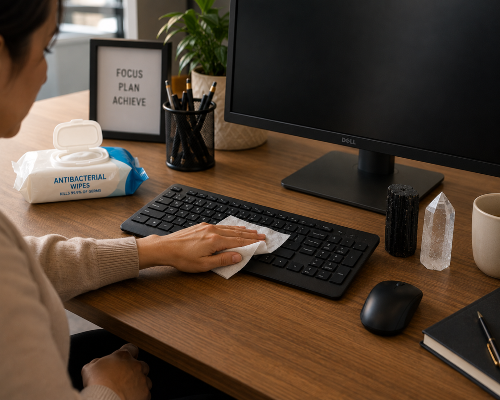 Person wipes down a computer keyboard with a wipe at a wooden desk in an office setup