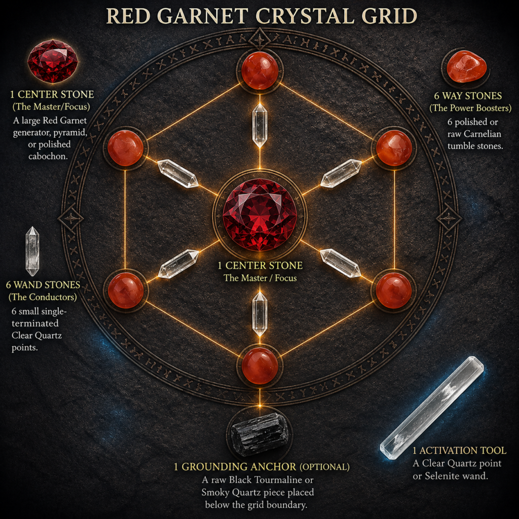 Red garnet crystal grid layout for manifestation and grounding sians emporium Complete red garnet crystal grid featuring a central garnet six carnelian way stones six clear quartz conductors a black tourmaline grounding anchor and a selenite activation wand