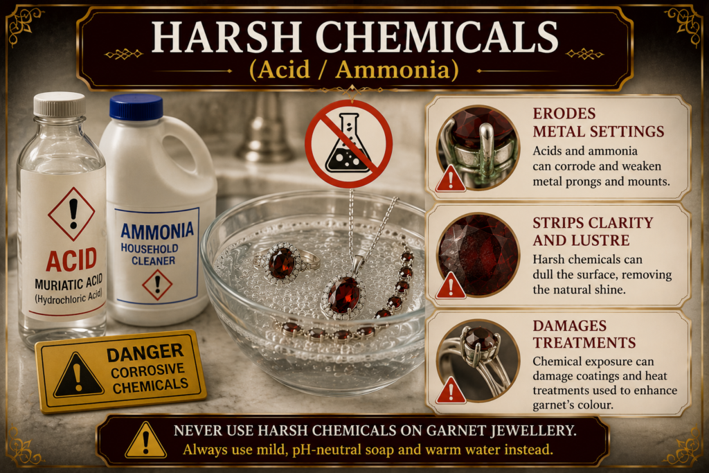 Harsh chemicals to avoid when cleaning garnet jewellery sians emporium Warning infographic showing acid and ammonia as harsh chemicals that can damage garnet jewellery and weaken metal settings