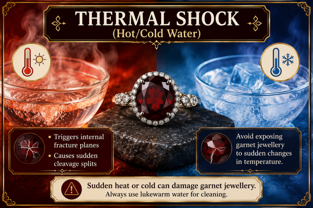 Thermal shock and garnet jewellery avoid sudden temperature changes sians emporium Warning infographic showing the dangers of thermal shock from hot and cold water when cleaning garnet jewellery