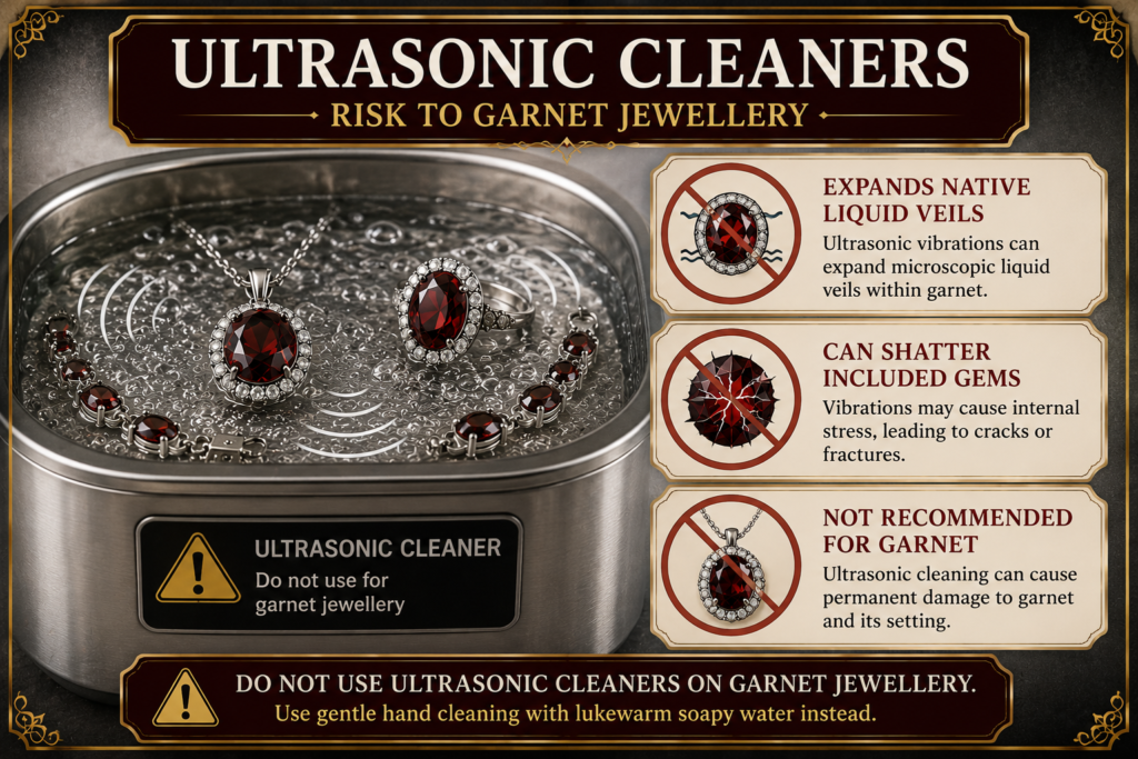 Why ultrasonic cleaners can damage garnet jewellery sians emporium Warning infographic showing why ultrasonic cleaners should not be used on garnet jewellery due to the risk of internal fractures and gemstone damage