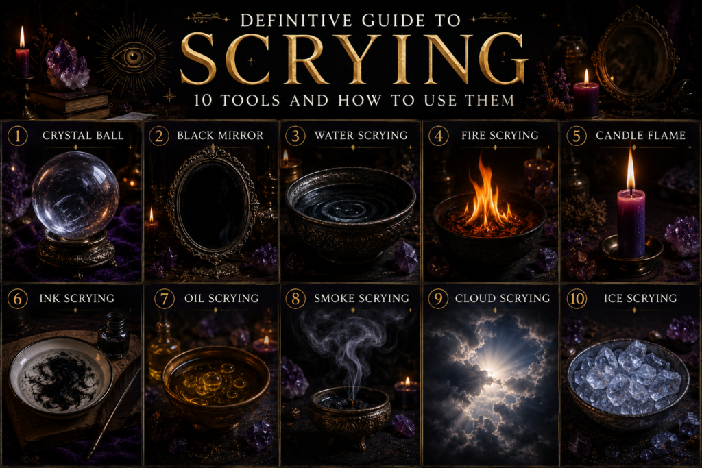 Definitive guide to scrying 10 scrying tools and how to use them sians emporium Definitive guide to scrying illustrated guide showing ten traditional scrying methods including crystal ball black mirror water fire candle flame ink oil smoke cloud and ice scrying in a mystical black and gold design