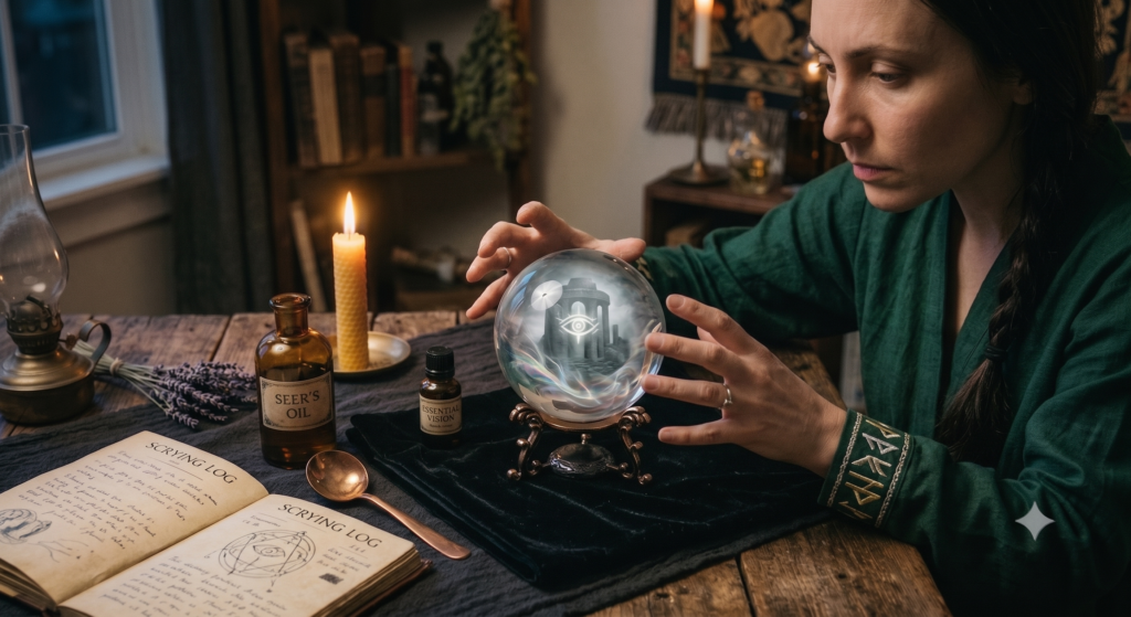 Scrying crystal ball sians emporium A woman in a green robe performs crystal ball scrying over a black velvet cloth on a candlelit wooden table next to an open'Scrying Log' and a bottle of 'Seer's Oil'. A mystical eye and ancient ruins are visible within the sphere.