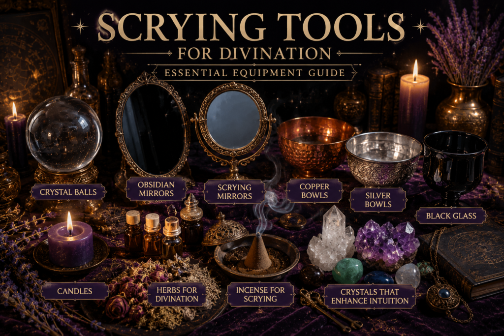 Scrying Tools for Divination An illustrated collection of essential scrying tools including crystal balls, black mirrors, copper bowls, silver bowls, black glass, candles, herbs, incense and intuition-enhancing crystals arranged on a mystical altar.