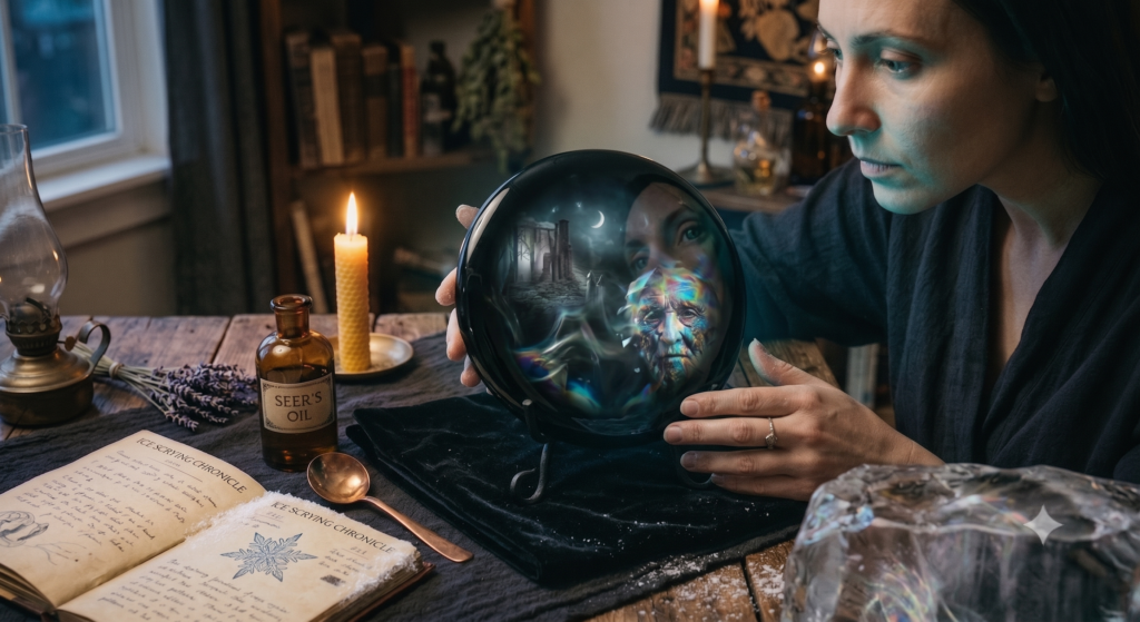 Scrying mirror sians emporium A detailed close up shot of a seer performing a scrying session holding an obsidian mirror on a velvet stand A bottle of'Seer’s Oil' and open leather-bound books are on the table next to a lit beeswax candle. A mystical vision is reflected in the mirror.